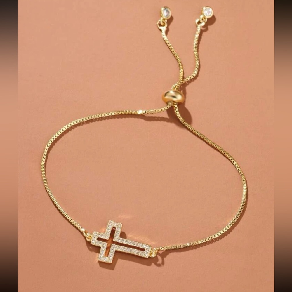 Gold Sideways Cross And Cubic Zirconia Bracelet, Gold Cross Bracelet